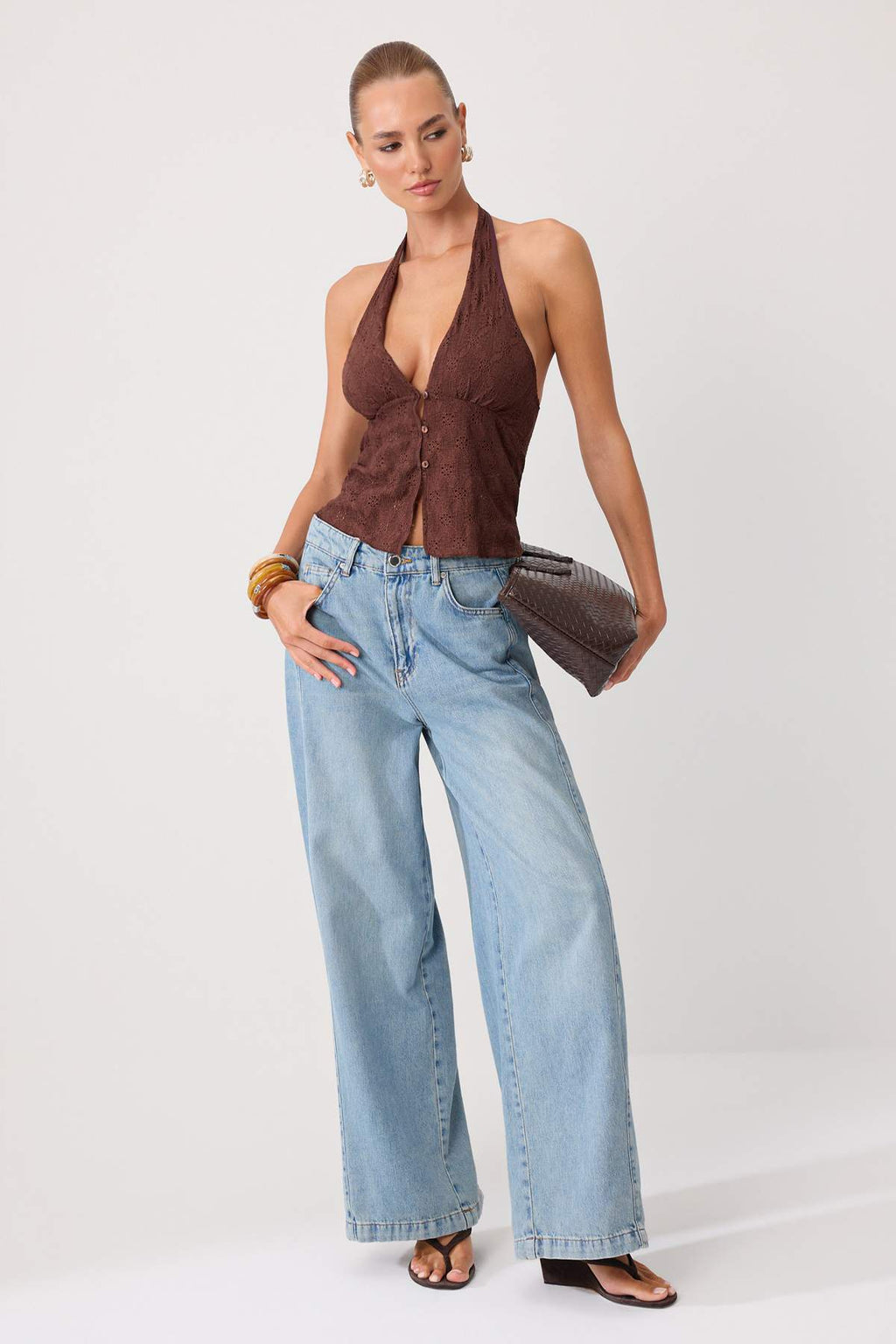 Ruched Jacquard Knit Blouse, Stretchy Brown Tank Top