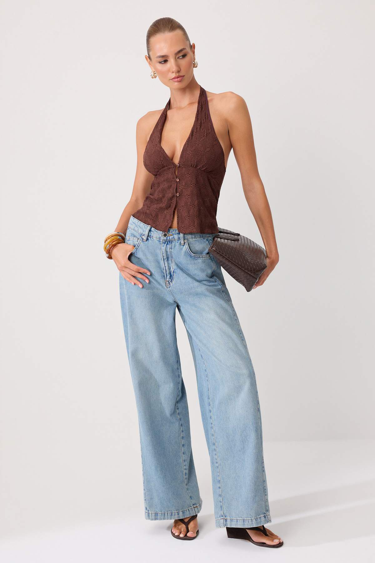 Ruched Jacquard Knit Blouse, Stretchy Brown Tank Top