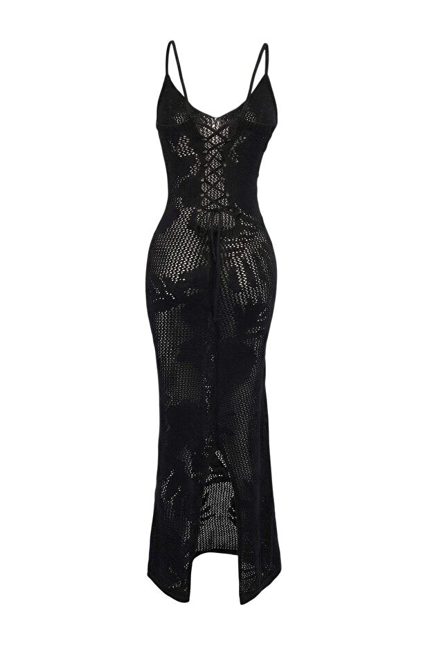 Black Knit Maxi Backless Sheer Beach Dress