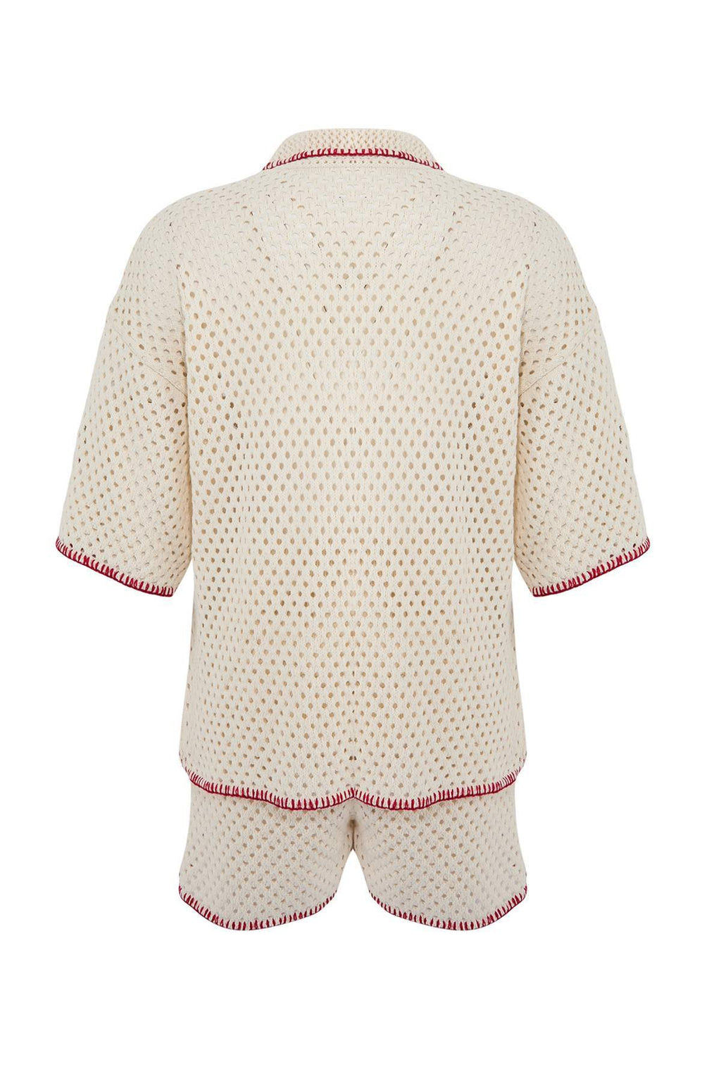 Ecru Oversized Cherry Knit Beach Shirt & Shorts Set