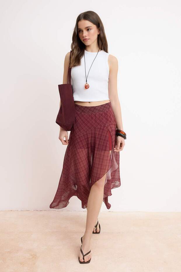 Burgundy Plaid Chiffon Midi Skirt, Asymmetric Checkered Skirt