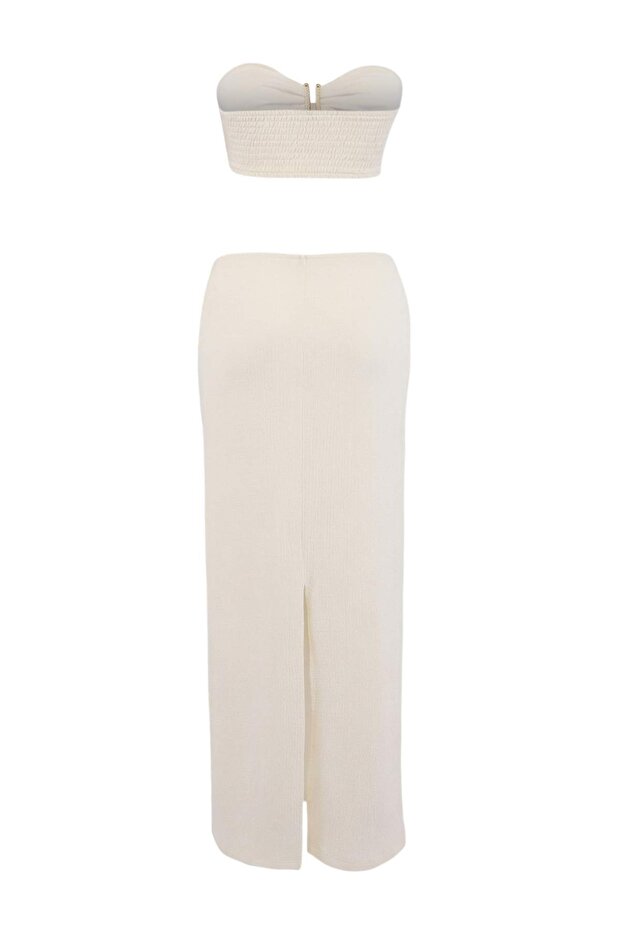 Ecru Strapless Knit Blouse & Maxi Skirt Set
