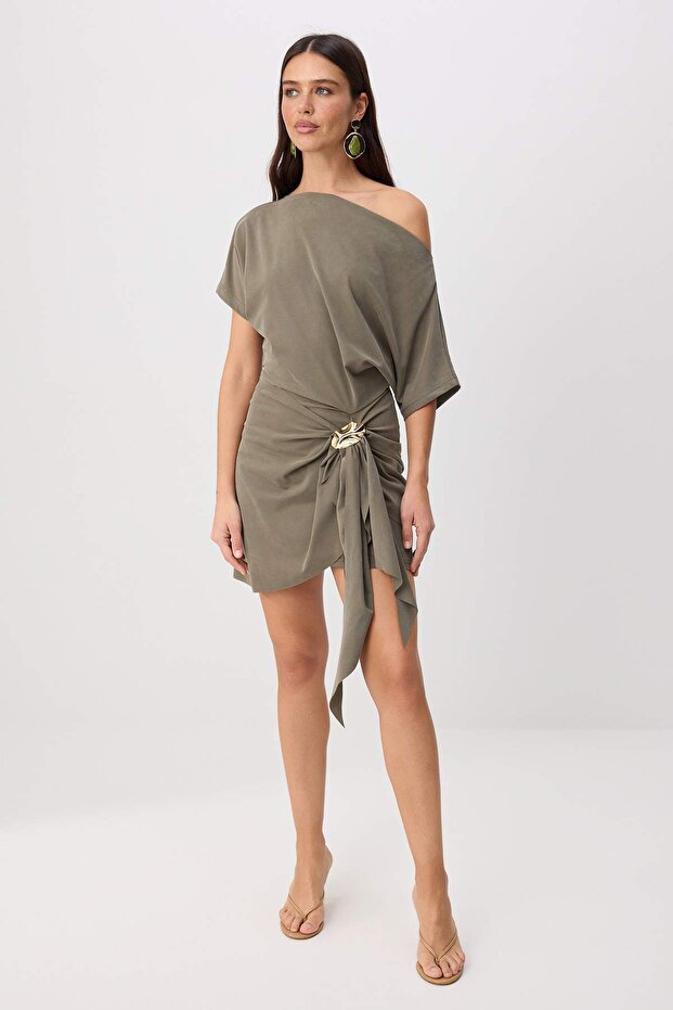 Dark Khaki Mini Dress, Lyocell Blend A Line Dress, Boat Neck Flared Mini Dress, Short Sleeve Knit Dress
