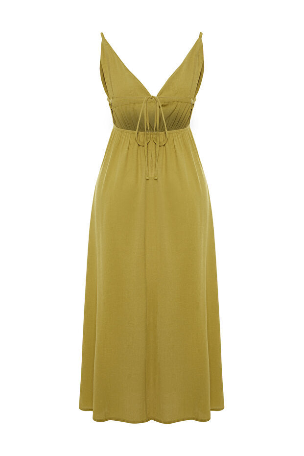 Khaki Ruched Maxi Beach Dress