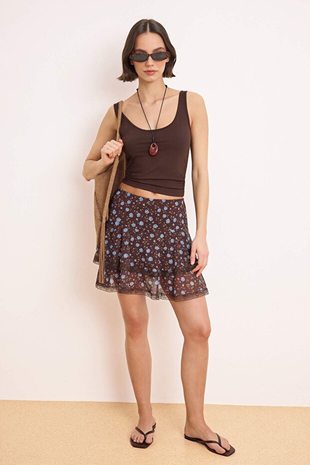Multicolor Floral Skort Mini Skirt, Lace Detail Tulle Knit Skater Skirt