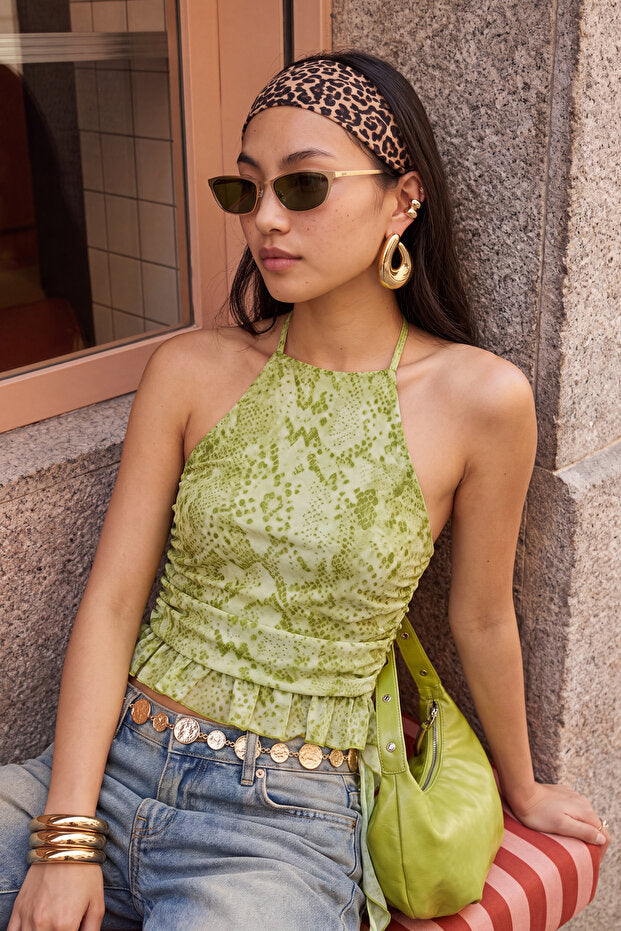 Green Multicolor Ruffled Blouse, Halter Neck Sleeveless Tulle Top