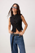 Black Lace Blouse, High Neck Sleeveless Guipure Lace Top, Regular Fit Black Blouse Feminine Summer Blouse