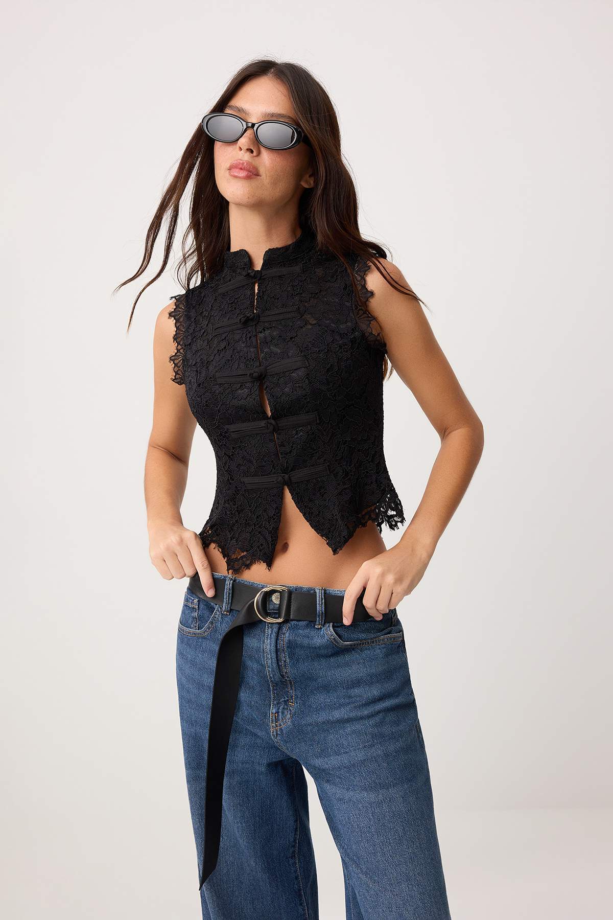 Black Lace Blouse, High Neck Sleeveless Guipure Lace Top, Regular Fit Black Blouse Feminine Summer Blouse