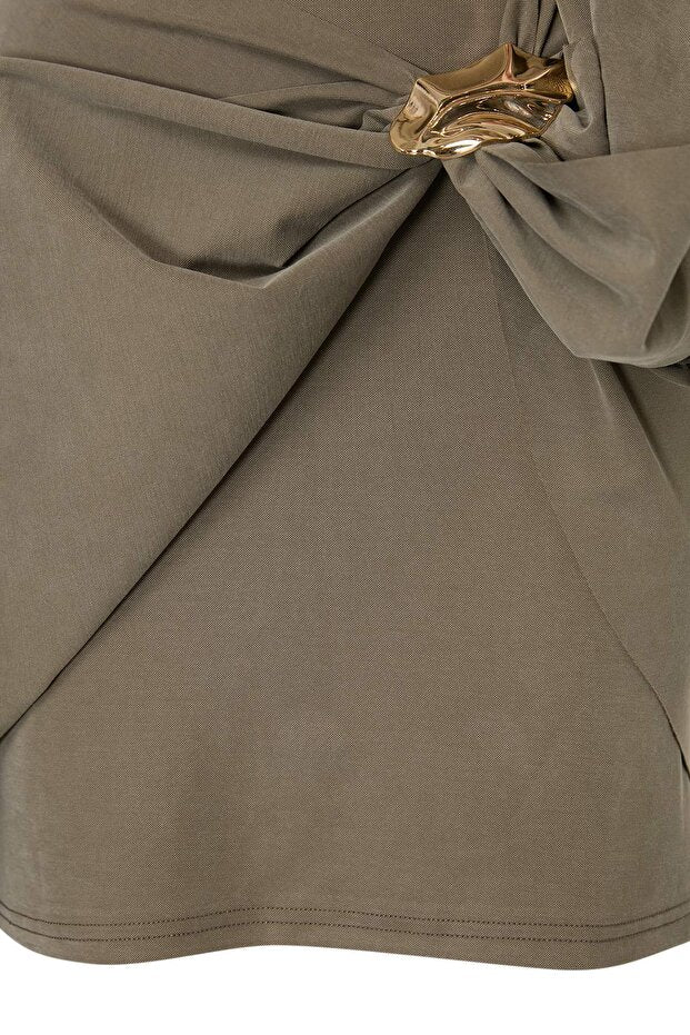 Dark Khaki Mini Dress, Lyocell Blend A Line Dress, Boat Neck Flared Mini Dress, Short Sleeve Knit Dress