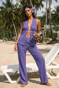 Purple Ruched Beach Blouse & Pants Set