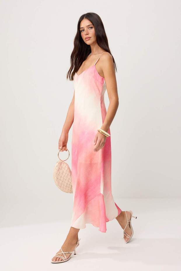 Pink Floral Maxi Dress, A Line Satin Dress, V Neck Strappy Maxi Dress