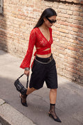 Red Bolero Crop Top, V Neck Long Sleeve Tulle Knit Blouse