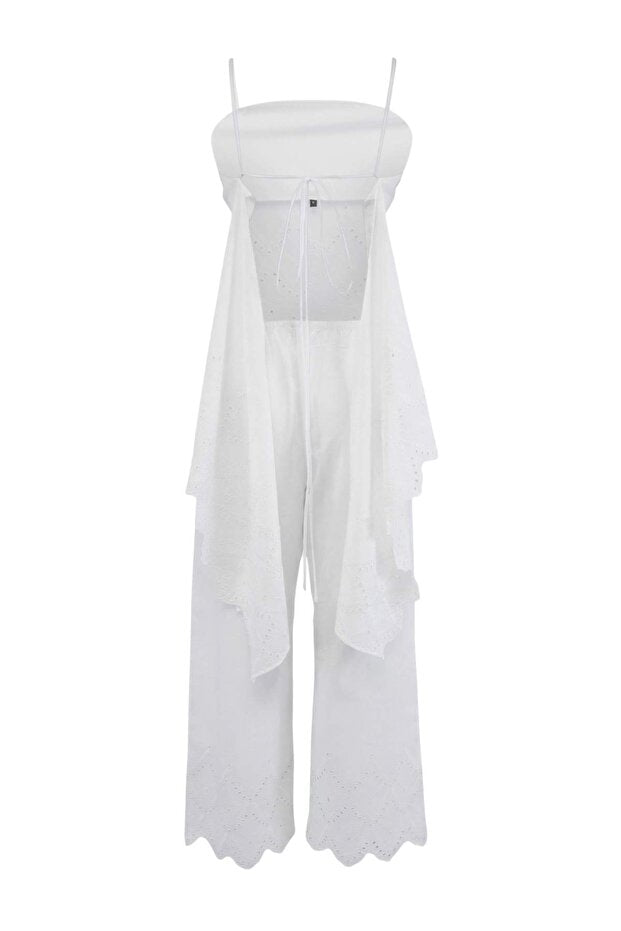 White Broderie Beach Blouse & Capri Pants Set