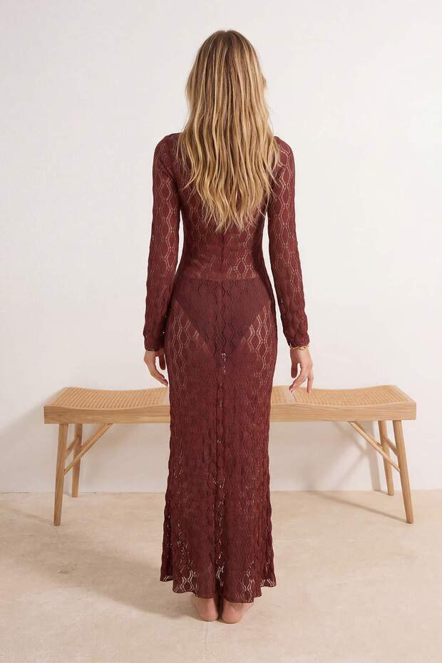 Burgundy Knit Maxi Beach Dress with Accessory Detail