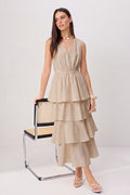 Ivory Maxi Dress, Tiered Skater Dress, V Neck Sleeveless Dress