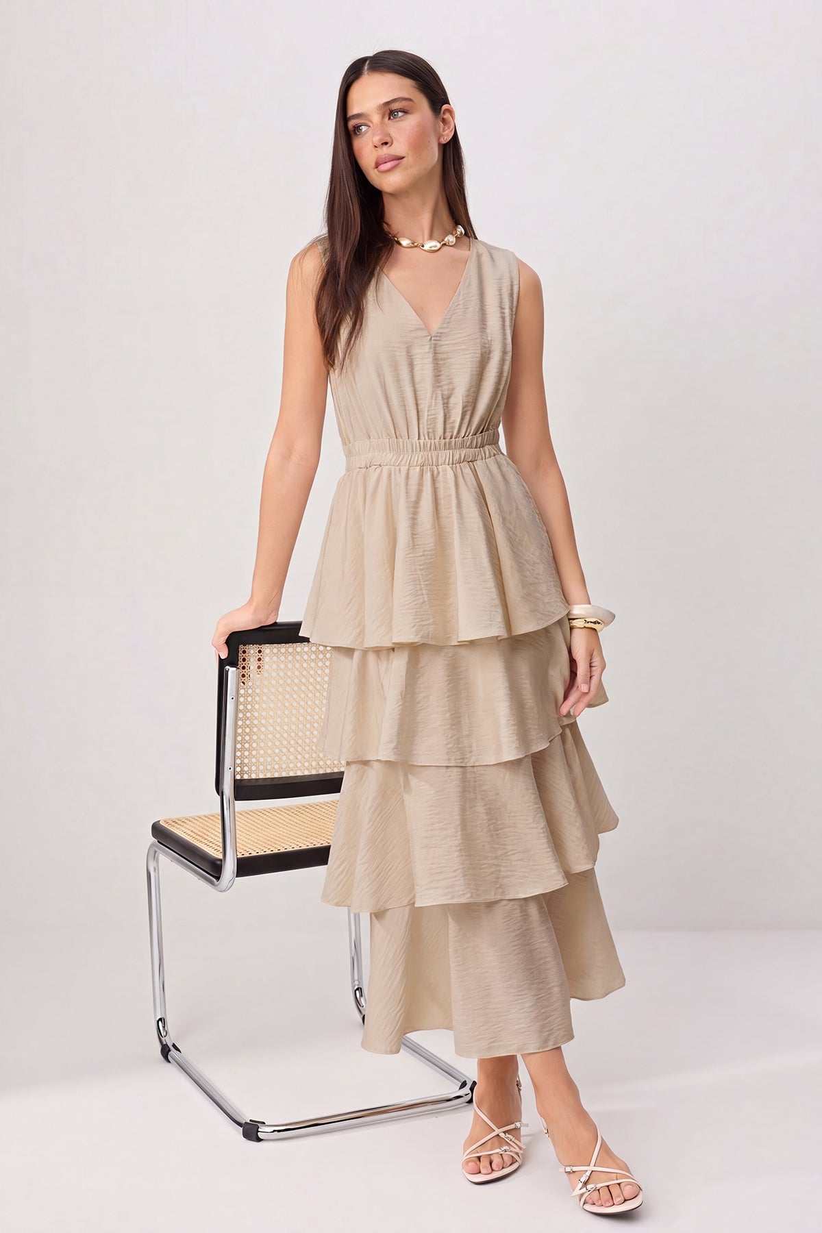 Ivory Maxi Dress, Tiered Skater Dress, V Neck Sleeveless Dress