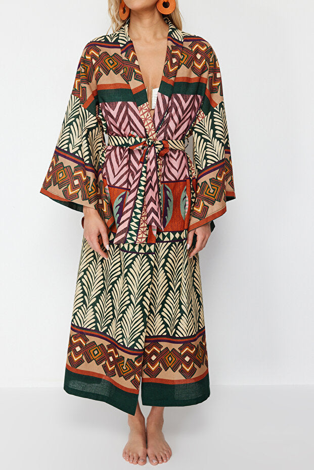 Ethnic Print Maxi Beach Kimono Kaftan