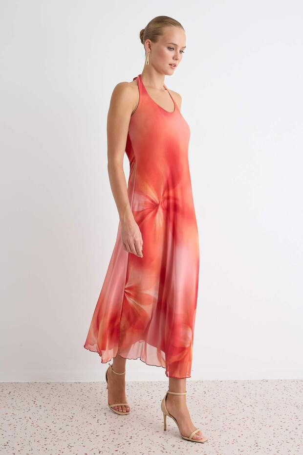 Orange Halter Neck Maxi Dress, Abstract Print A-Line Dress