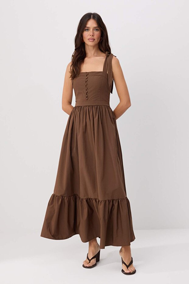 Brown Maxi Dress, 100% Cotton Skater Dress, Strapless Neckline Maxi Dress