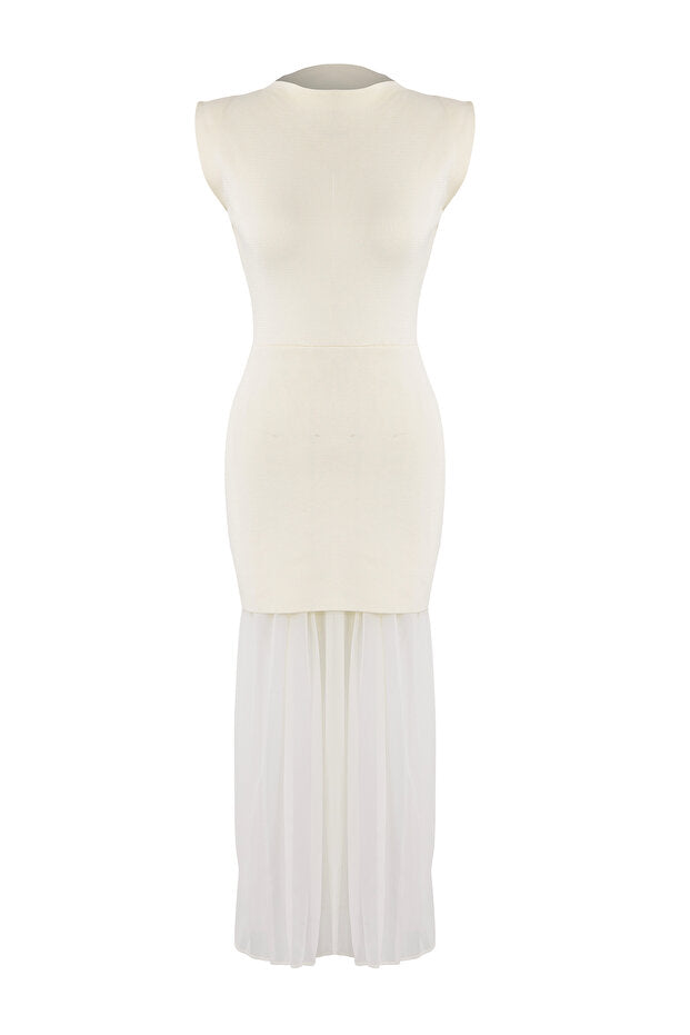 Ecru Tulle Trim Maxi Knit Dress