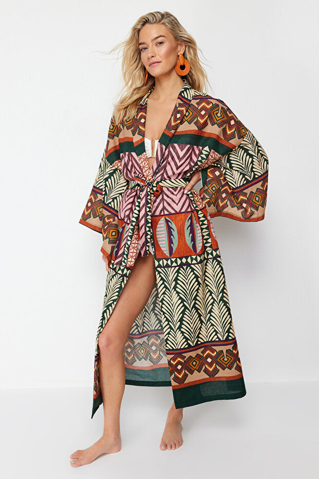 Ethnic Print Maxi Beach Kimono Kaftan