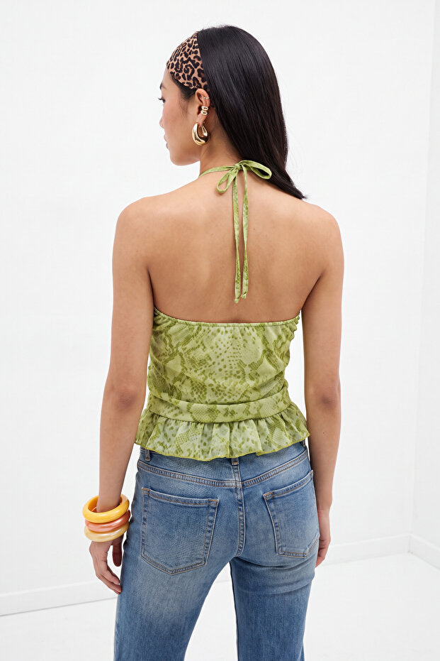 Green Multicolor Ruffled Blouse, Halter Neck Sleeveless Tulle Top