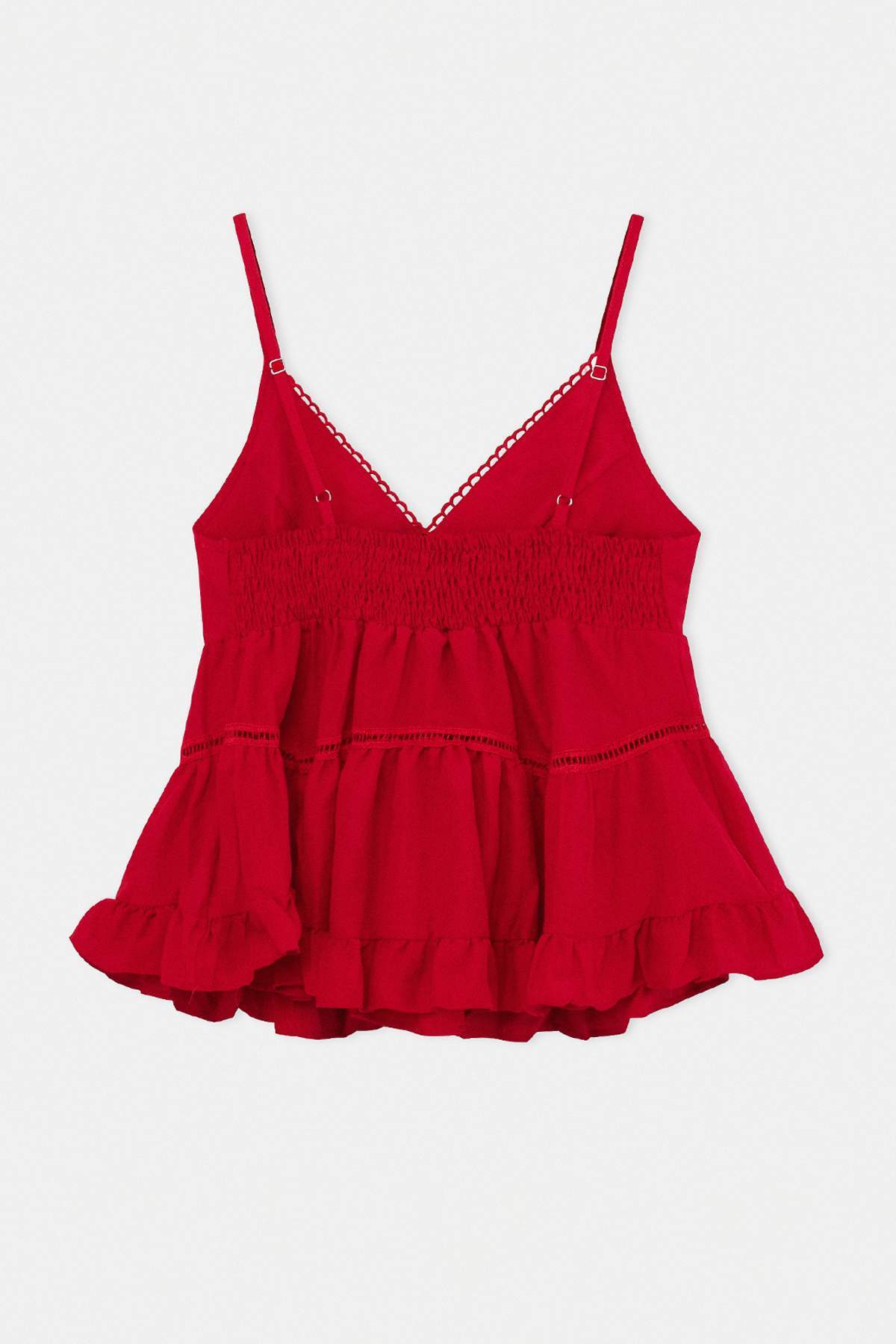 Red V Neck Sleeveless Blouse, Ruched Back Aerobin Top