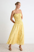 Yellow Floral Maxi Dress, Square Neck Cotton Dress, Sleeveless Shift Dress