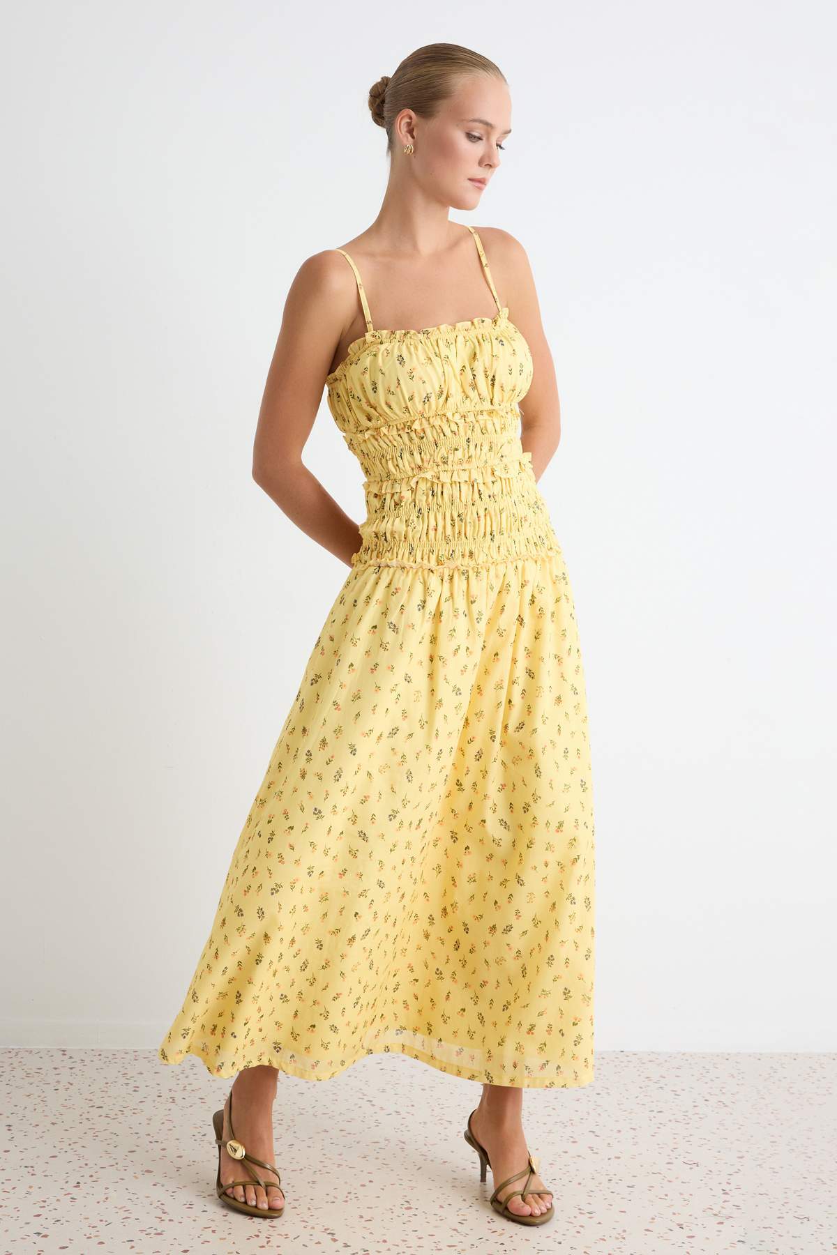 Yellow Floral Maxi Dress, Square Neck Cotton Dress, Sleeveless Shift Dress