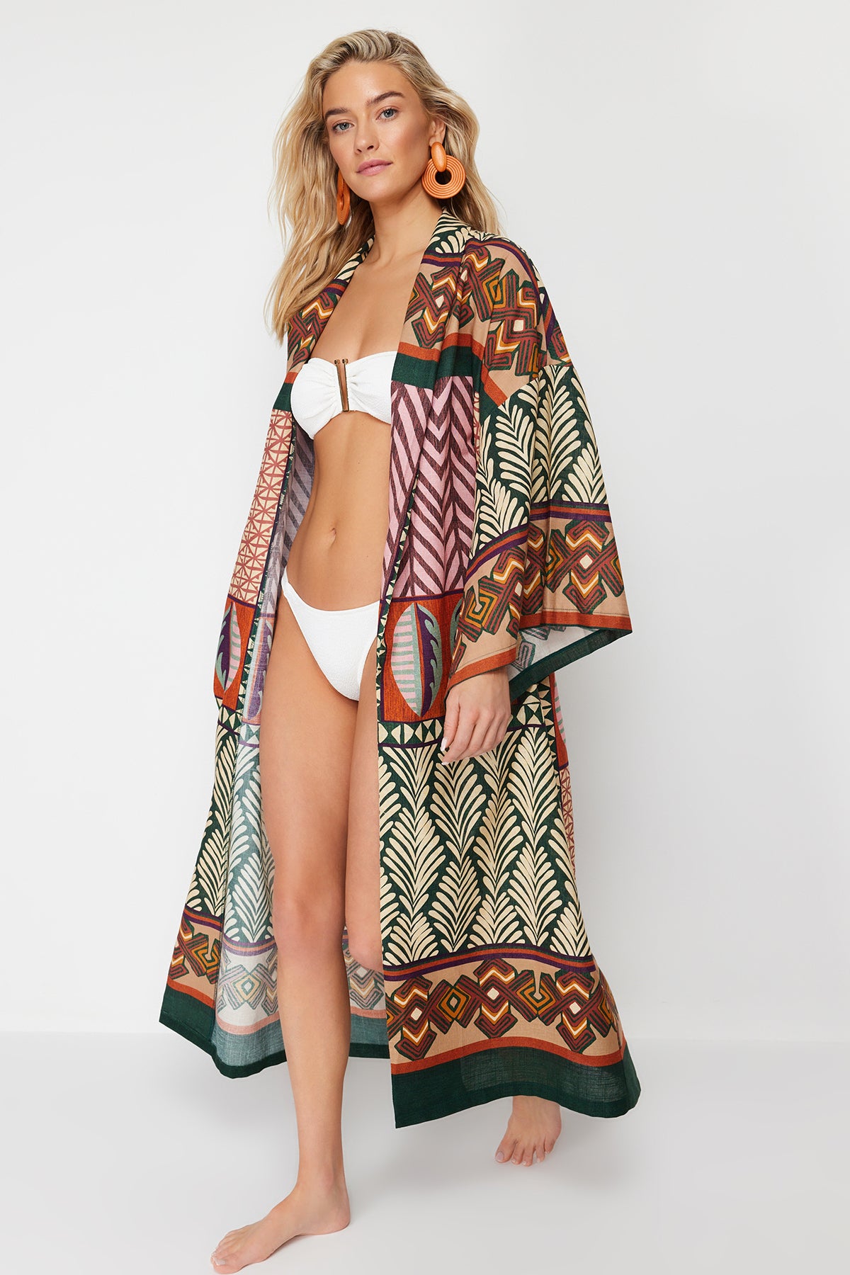 Ethnic Print Maxi Beach Kimono Kaftan