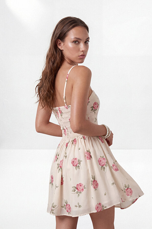 Multicolor Floral Mini Dress, Square Neck Short Summer