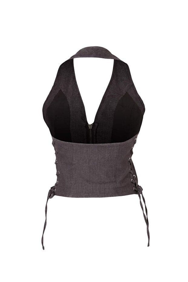 Dark Brown Halter Neck Blouse, Fitted Sleeveless Gabardine Top