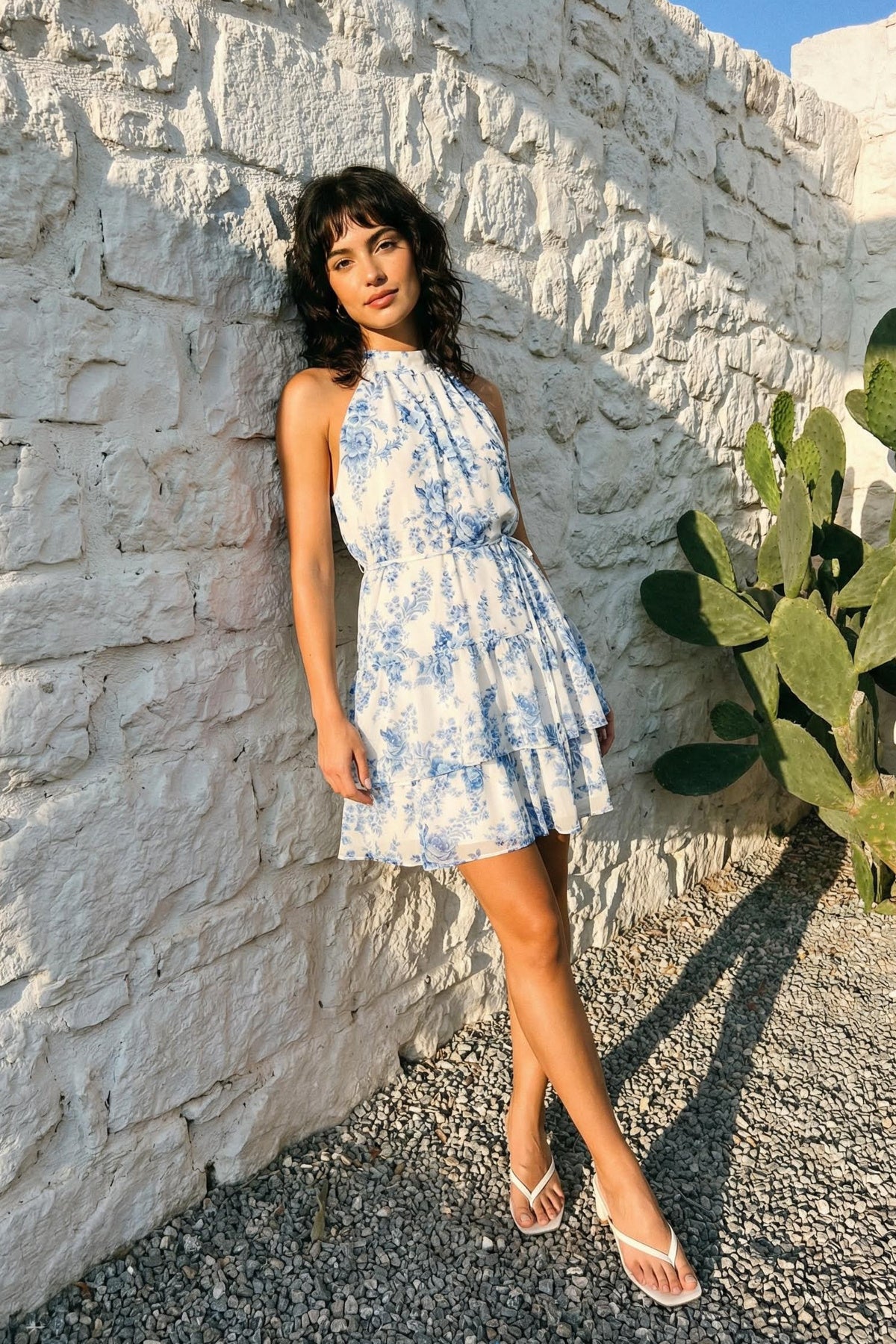 Ivory Floral Mini Dress, Boho Halter Neck Dress, Chiffon A Line Skater Dress