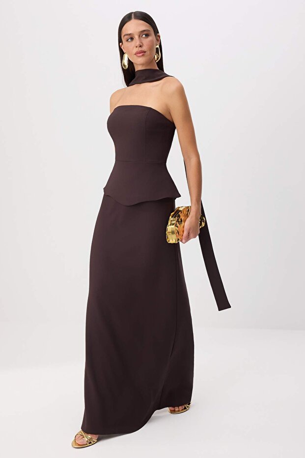 Brown Strapless Maxi Graduation Dress