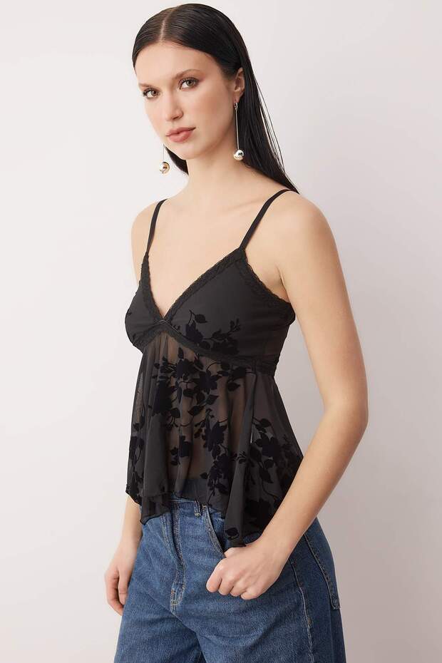 Black Floral Tulle Party Blouse