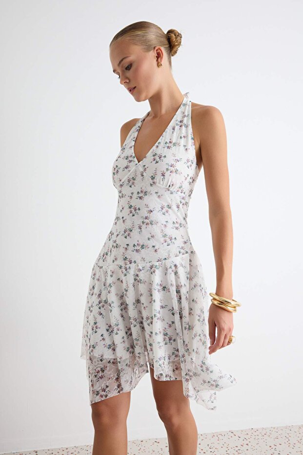 Multicolor Floral Midi Dress, Halter Neck Lace Dress, Sleeveless Bodycon Midi Dress