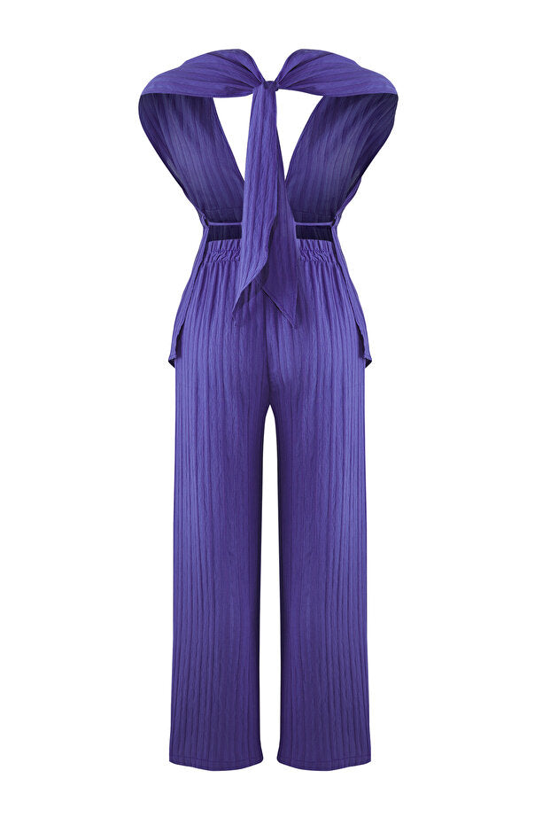 Purple Ruched Beach Blouse & Pants Set