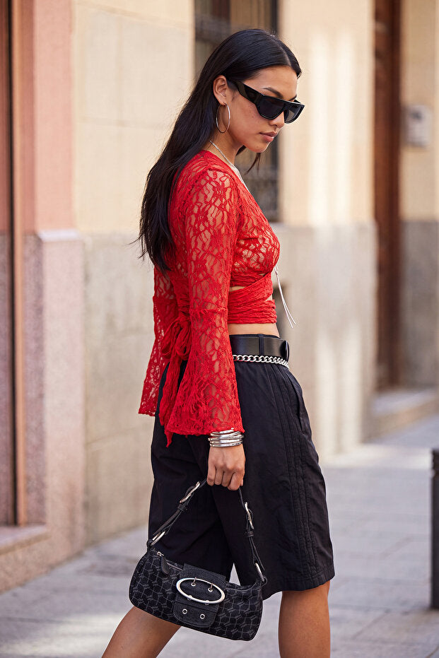 Red Bolero Crop Top, V Neck Long Sleeve Tulle Knit Blouse