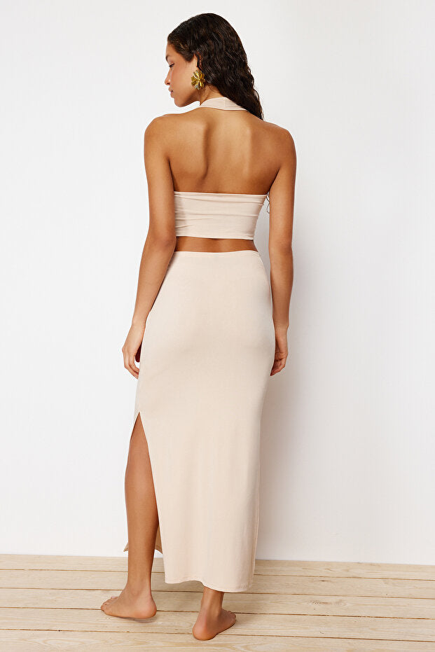 Beige Knit Beach Blouse & Long Skirt Set