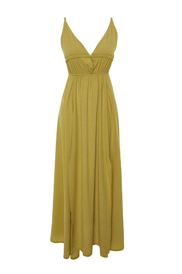 Khaki Ruched Maxi Beach Dress