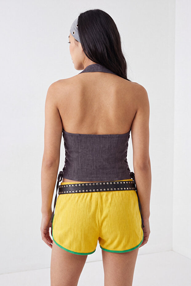 Dark Brown Halter Neck Blouse, Fitted Sleeveless Gabardine Top