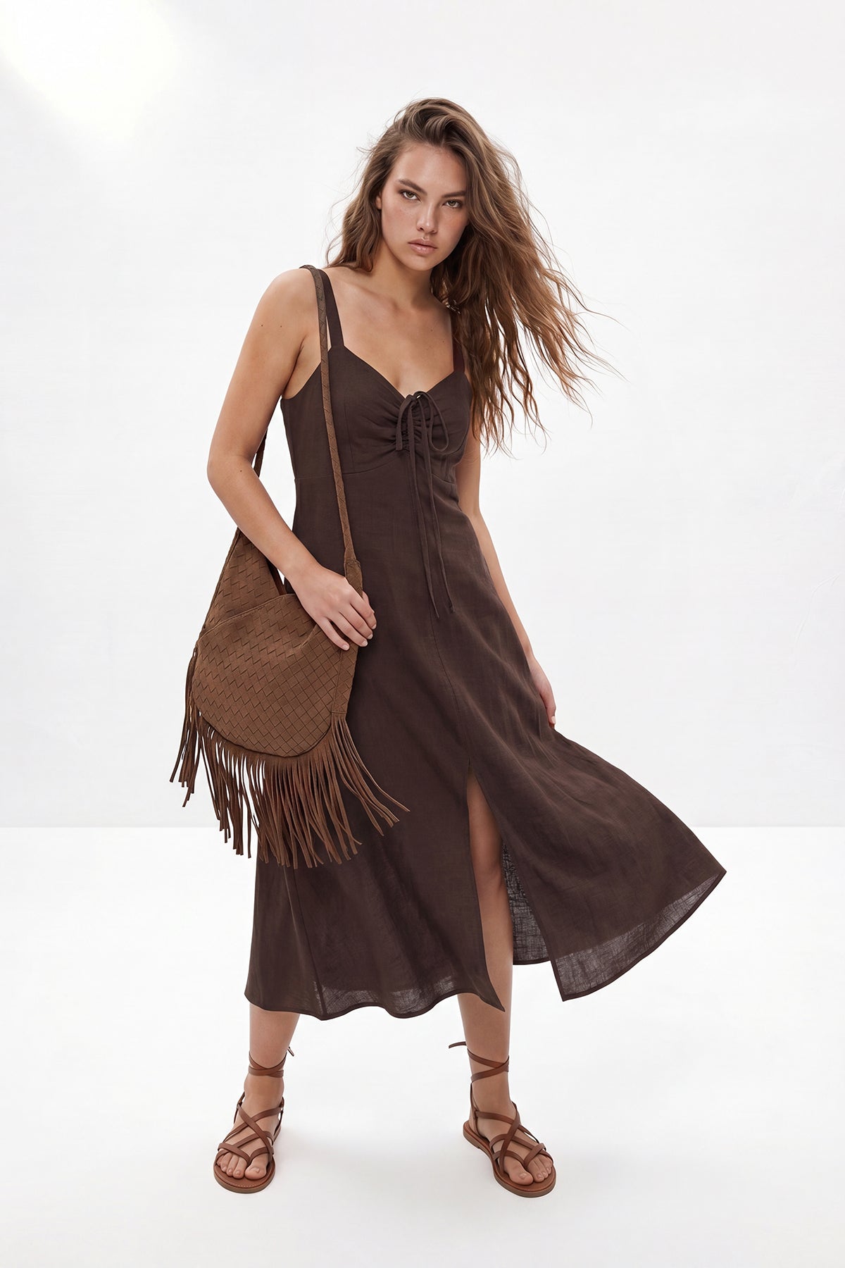 Dark Brown Maxi Dress, 100% Cotton A Line Dress, Sweetheart Neck Linen Look Dress