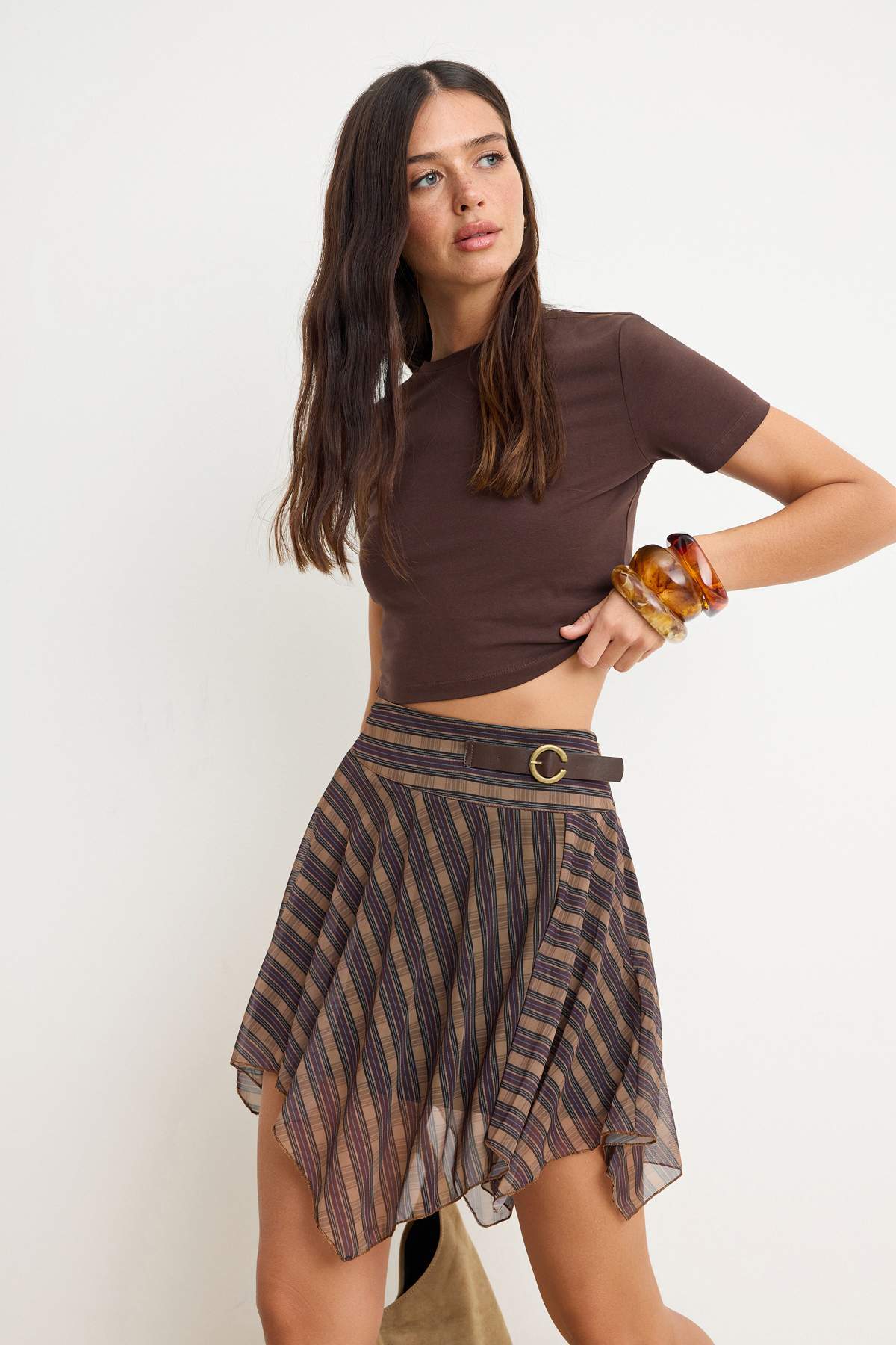 Multicolor Striped Asymmetric Mini Skirt, A Line Tulle Knit Skirt