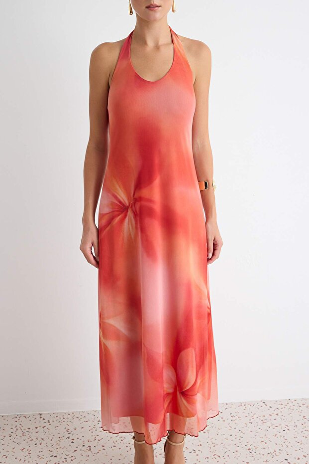 Orange Halter Neck Maxi Dress, Abstract Print A-Line Dress