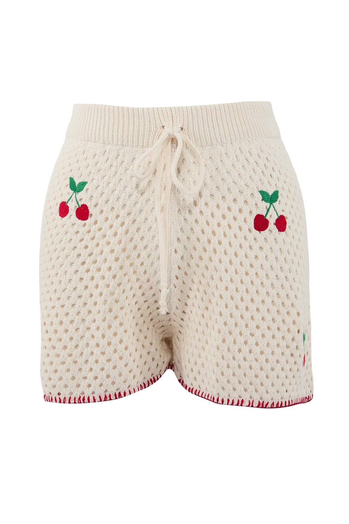 Ecru Oversized Cherry Knit Beach Shirt & Shorts Set