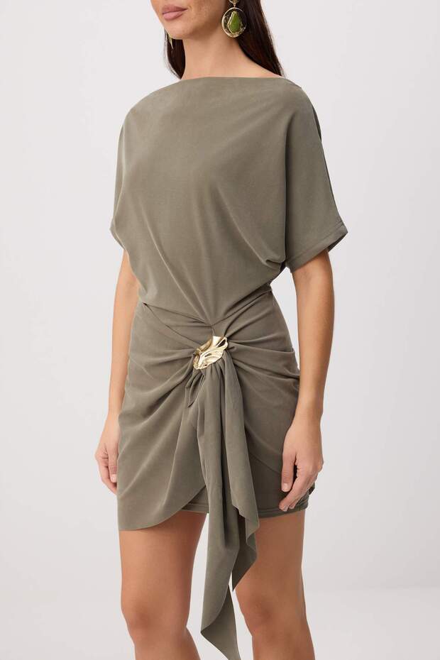 Dark Khaki Mini Dress, Lyocell Blend A Line Dress, Boat Neck Flared Mini Dress, Short Sleeve Knit Dress
