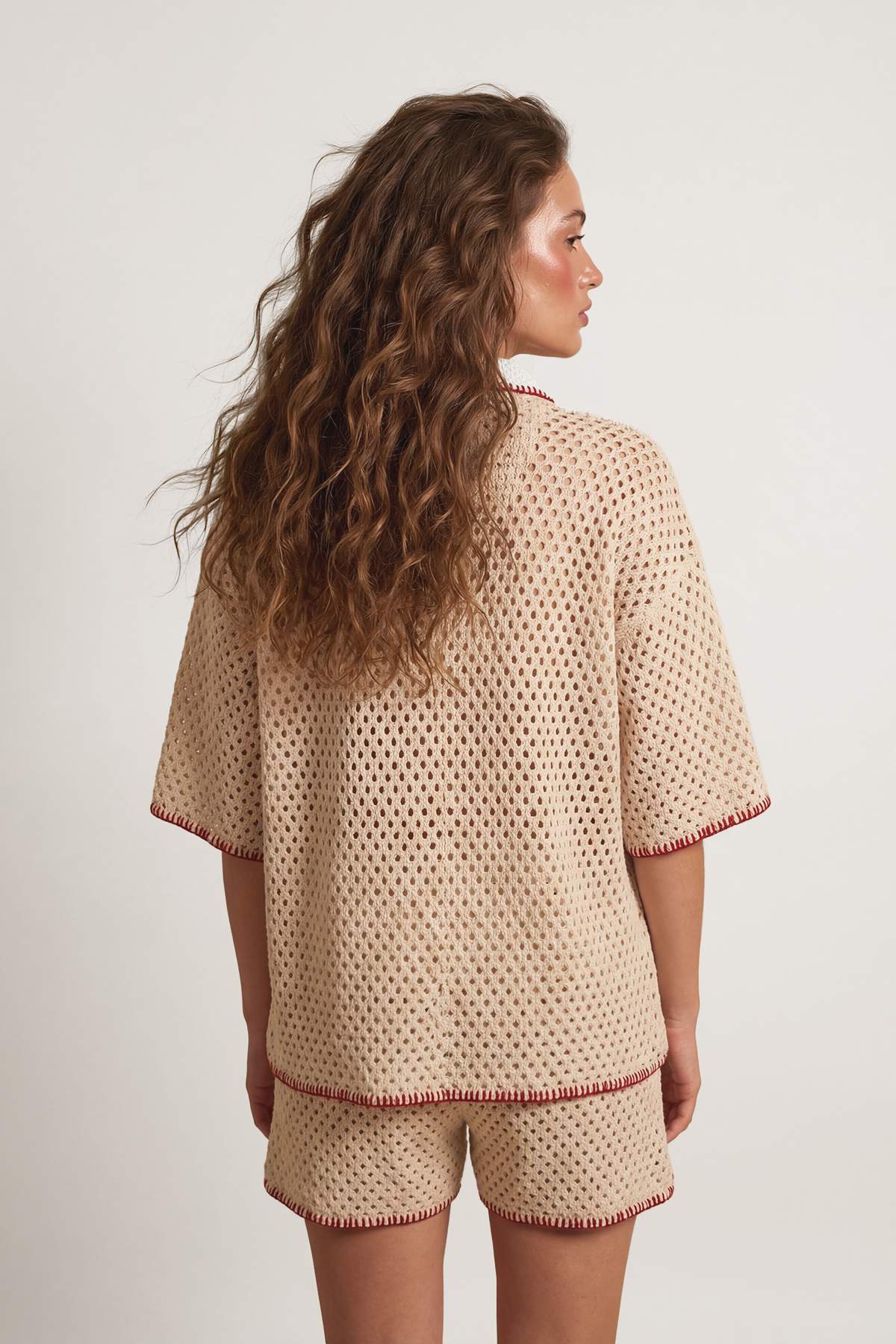 Ecru Oversized Cherry Knit Beach Shirt & Shorts Set