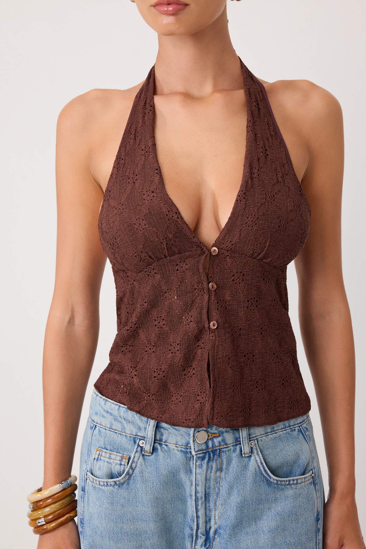 Ruched Jacquard Knit Blouse, Stretchy Brown Tank Top