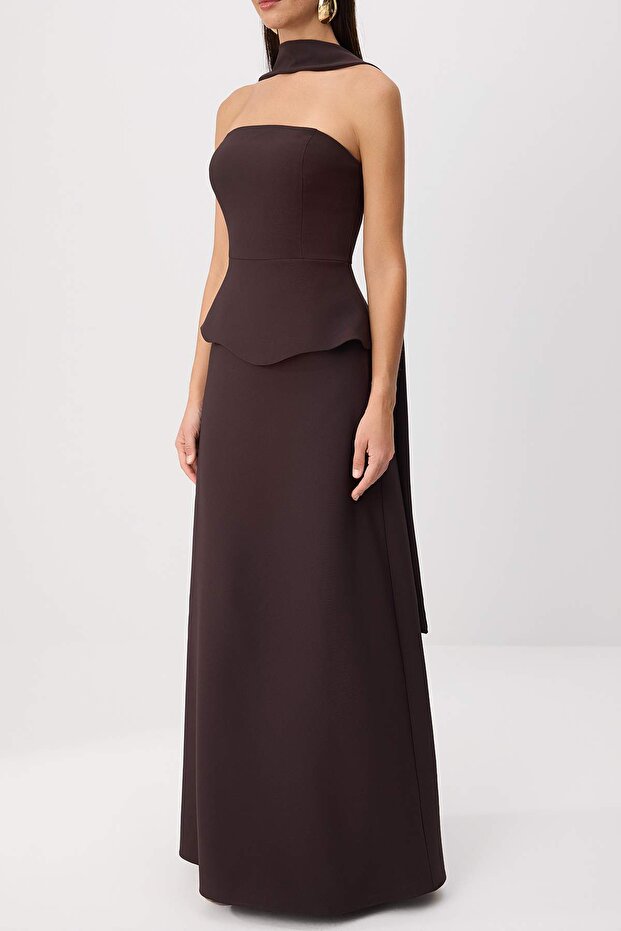 Brown Strapless Maxi Graduation Dress