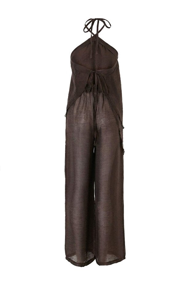 Brown Halter Beach Blouse & Pants Set